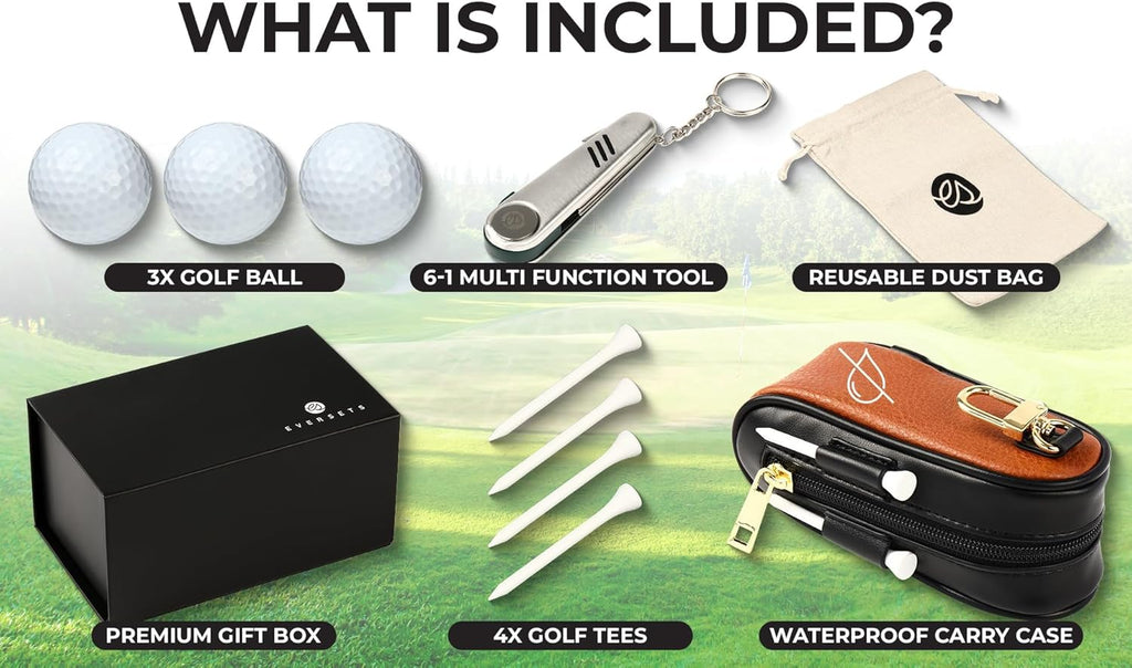 Golf Gift for Men Women - Luxury Golf Accessories Set with Case, 12 Golf Balls, Tees, Divot Tool Knife & Bag Hook - Perfect Holiday Tournament Prize