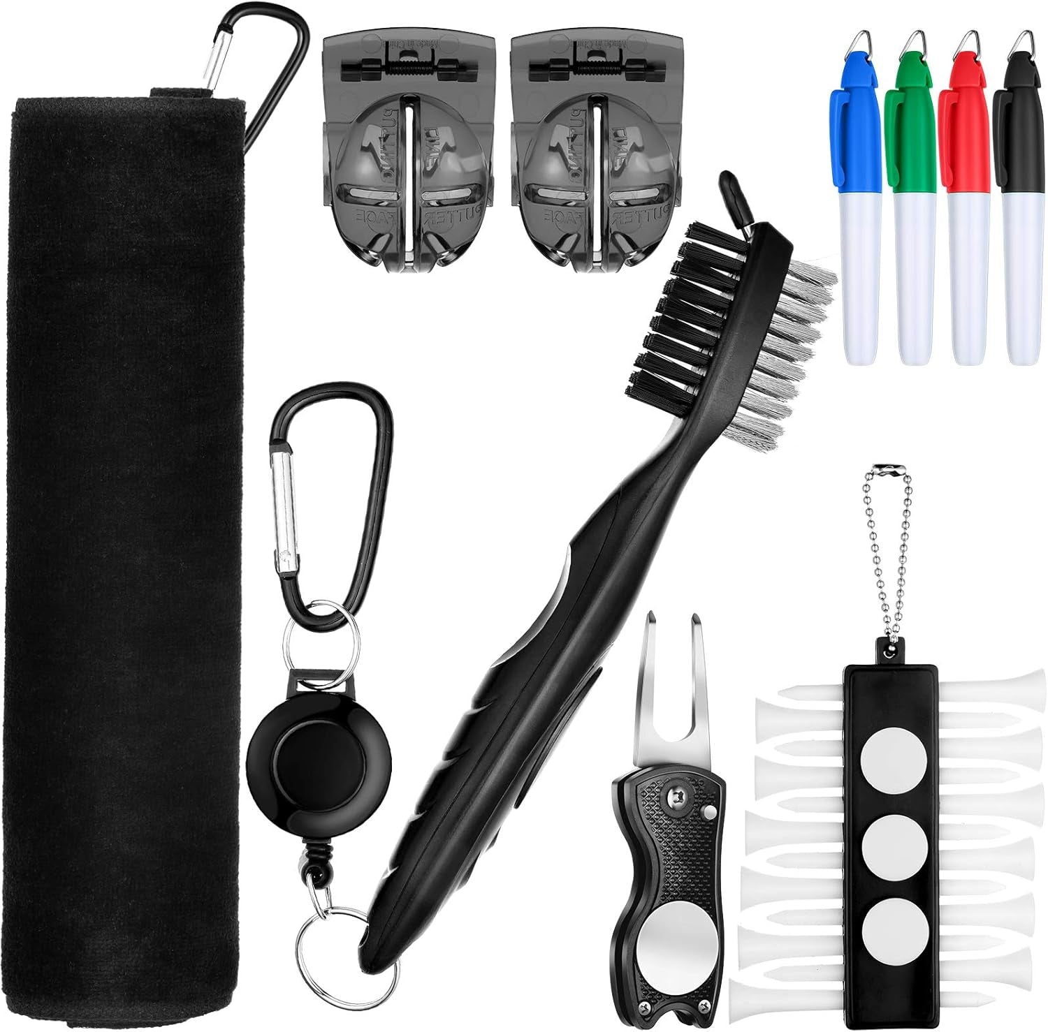 22 Pcs Golf Accessories Kit Golf Essentials Club Cleaning Kit for Men Include Cleaning Brush Towel Marking Pen Line Marker Tee Holder with Tee Repair Divot Tool for Christmas Ideal Gift(Black)