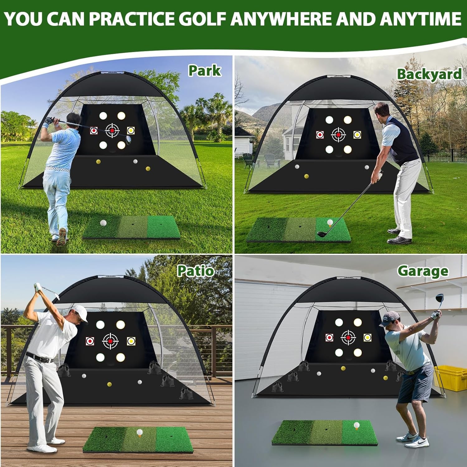 Golf Net, 10X7 Ft Practice Hitting Golf Net with Tri-Turf Mat, Ball, Tee, and Carring Bag, All-In-One Multi-Target Training Aid for Outdoor/Indoor Chipping & Driving, Ideal Gift for Men/Enthusiasts
