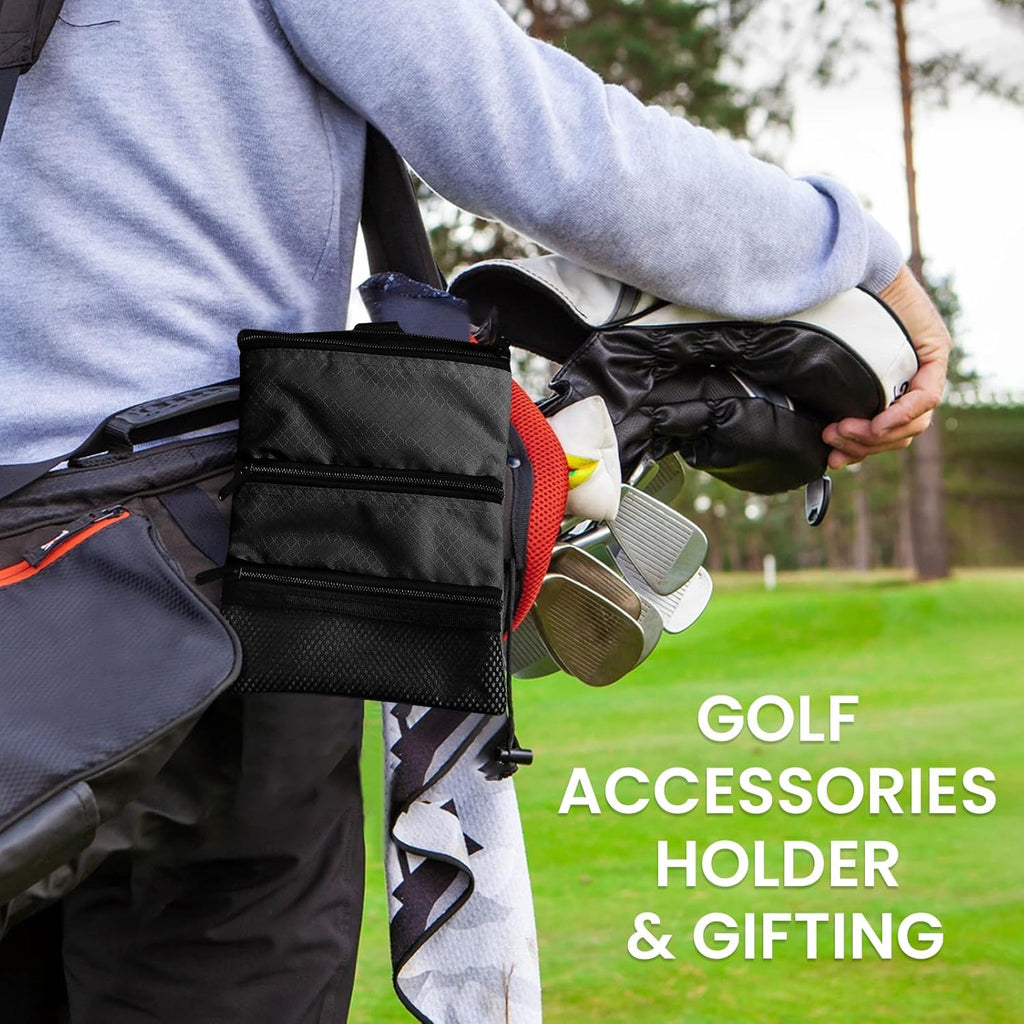 Golf Bag Accessories Valuables Pouch Bags Multi Pocket Zipper Hook with 10 Pcs Wood Golf Tees for Men Women