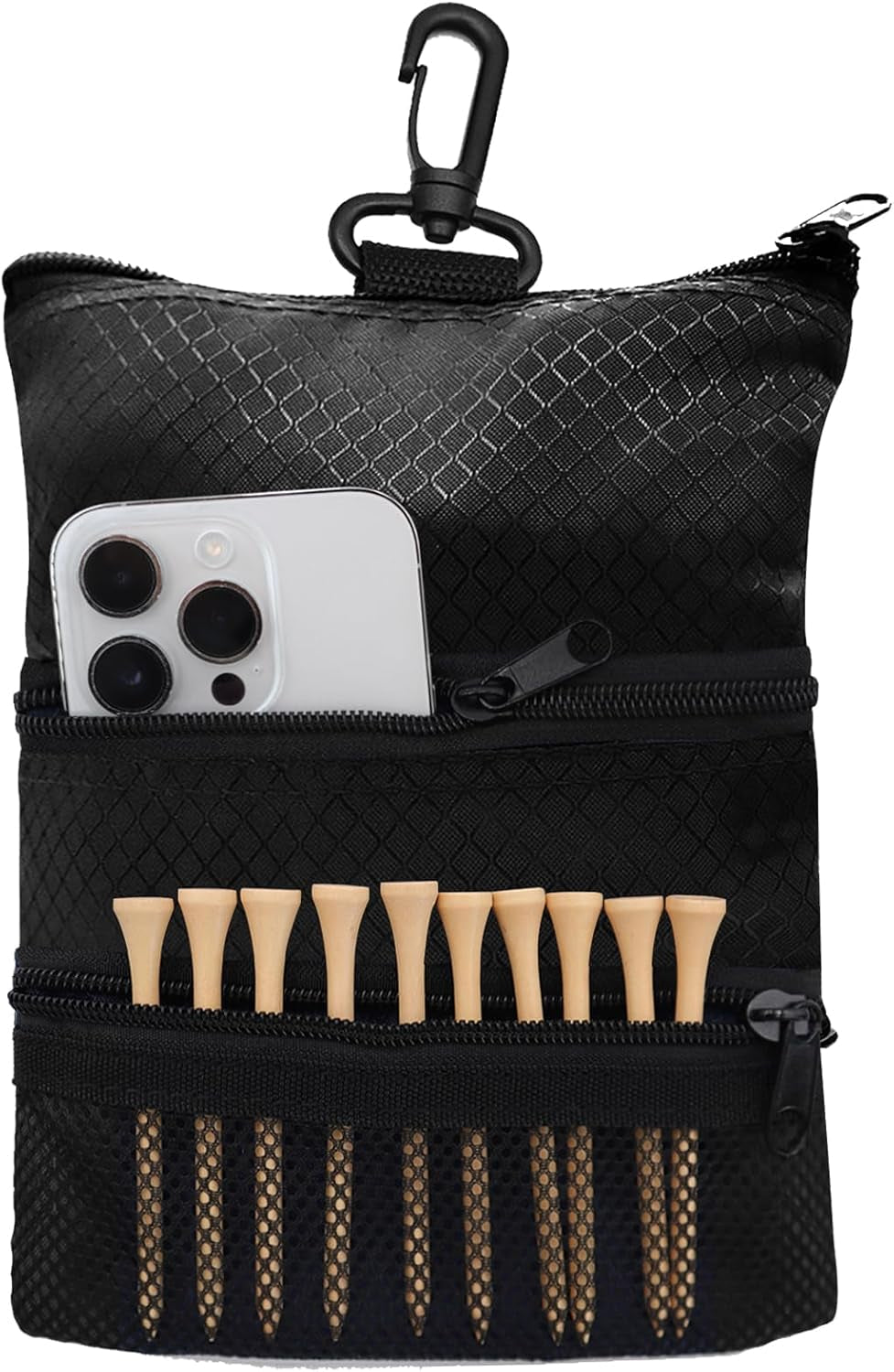 Golf Bag Accessories Valuables Pouch Bags Multi Pocket Zipper Hook with 10 Pcs Wood Golf Tees for Men Women