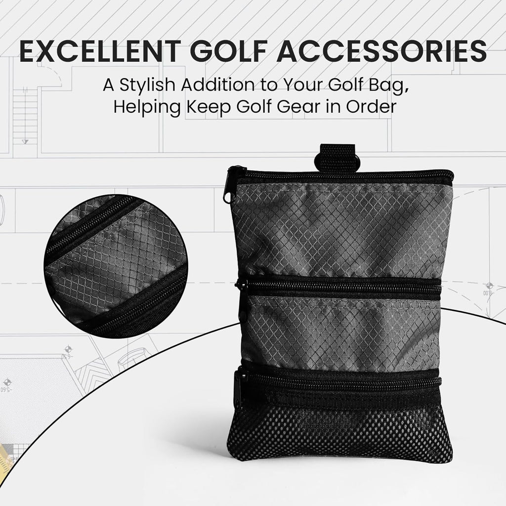 Golf Bag Accessories Valuables Pouch Bags Multi Pocket Zipper Hook with 10 Pcs Wood Golf Tees for Men Women