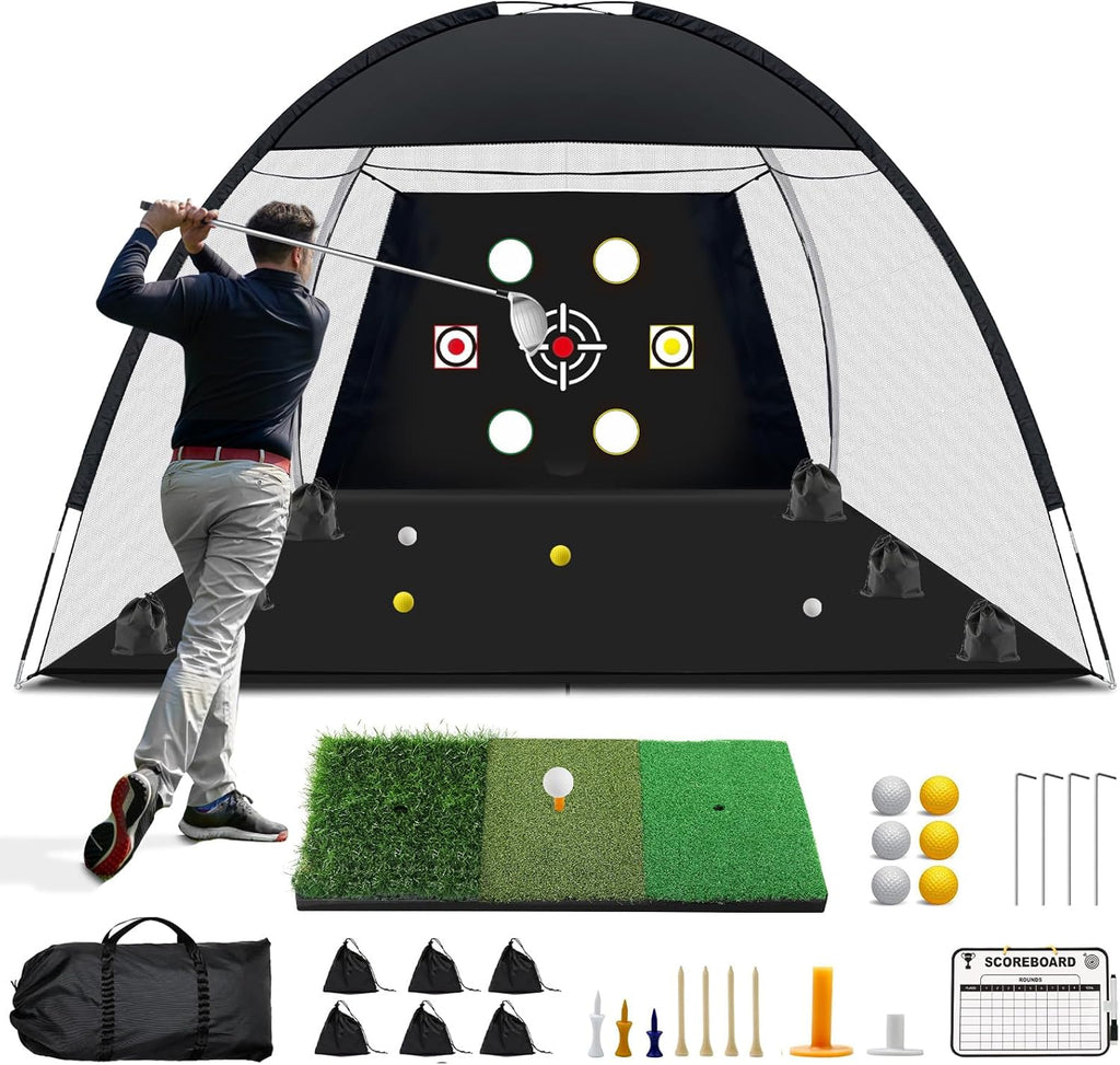 Golf Net, 10X7 Ft Practice Hitting Golf Net with Tri-Turf Mat, Ball, Tee, and Carring Bag, All-In-One Multi-Target Training Aid for Outdoor/Indoor Chipping & Driving, Ideal Gift for Men/Enthusiasts