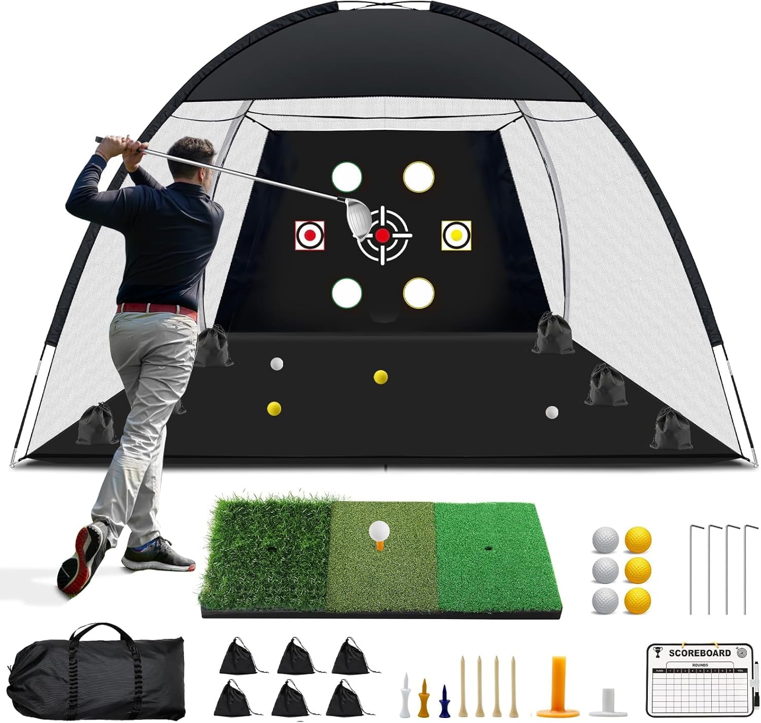 Golf Net, 10X7 Ft Practice Hitting Golf Net with Tri-Turf Mat, Ball, Tee, and Carring Bag, All-In-One Multi-Target Training Aid for Outdoor/Indoor Chipping & Driving, Ideal Gift for Men/Enthusiasts